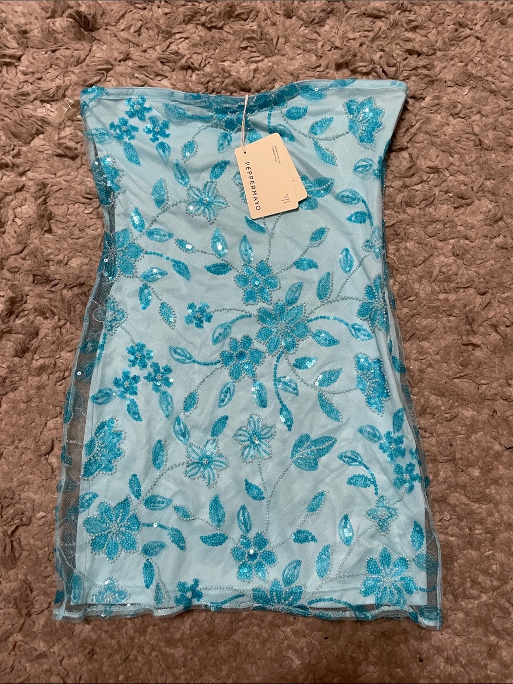 Peppermayo aqua sequin floral strapless mini dress